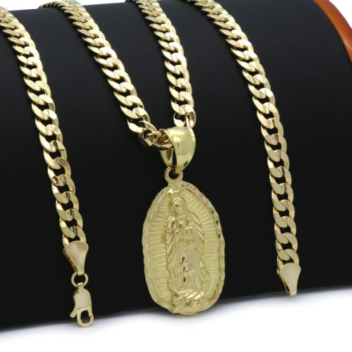 Mens 18k Gold Plated  Guadalupe  Hip-Hop Pendant 6mm Cuban Chain Necklace  - Picture 1 of 9