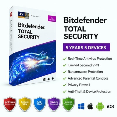 Bitdefender Total Security 2026 - 5 Years 5 Devices + Daily VPN