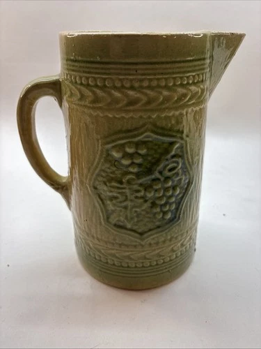Antique Pitcher Primitive Green Salt Glazed Stoneware Grape Bark 8.5” McCoy WOW!