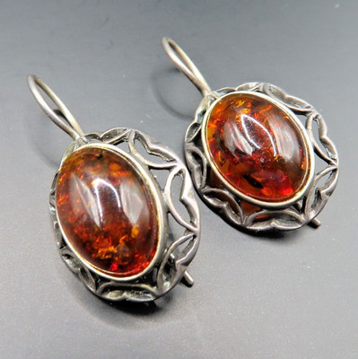 Edle Bernstein Ohrringe 925 Sterling Silber Ohrhänger Earrings Silver Vintage