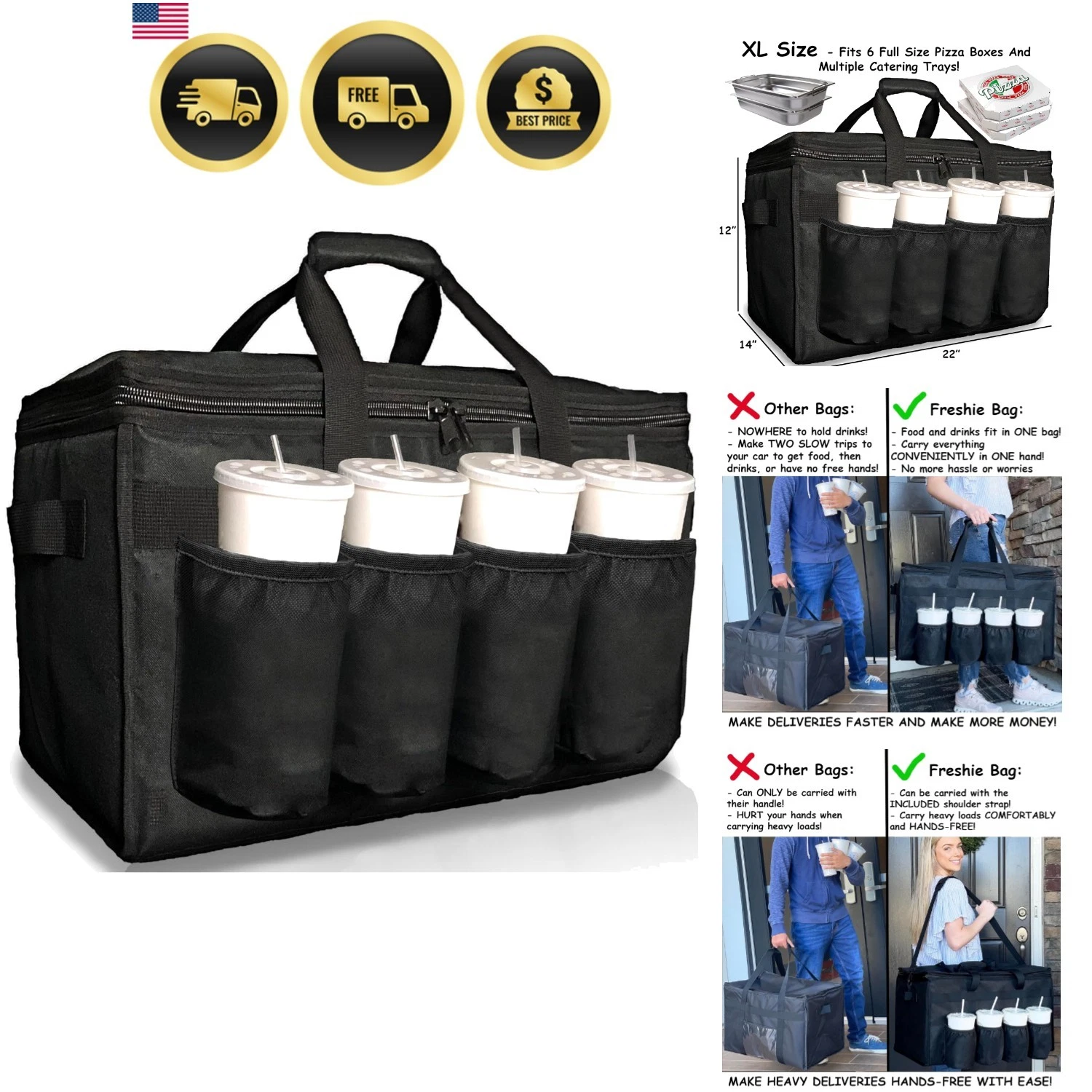Insulated Food Delivery Bag with Cup Holders/Drink Carriers , for Doordash, U...