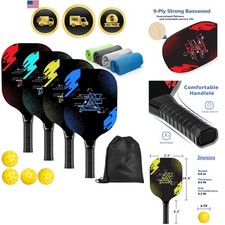 Pickleball Set with 4 Wood Paddles, Cushion Comfort Grip, 4 Cooling Towels, ...