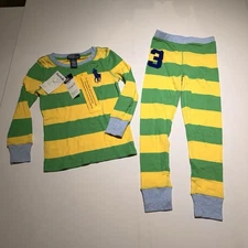 Polo Ralph Lauren Kids Pajama Set Size 5 Green Yellow Striped NWT