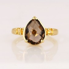 Gold Plated 925 Sterling Silver Smoky Quartz Ring Pear With Citrine Accent Gift