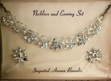 Vintage Aurora Borealis Rhinestone Necklace & Earring Set Faux Pearl Original Bo