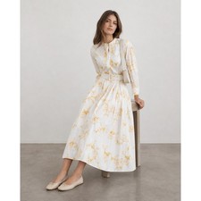 Oscar De La Renta Floral Belted Midi Poplin Dress Womens 10 White/Yellow Shirt