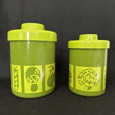 Vintage Mid Century MCM Metal Kitchen 2 Canisters Set Green Vegetable Motif
