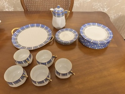 Elegantes Limoges Porzellan Kaffee-/Teeservice Blau/Weiß/Gold   Vintage/Art déco