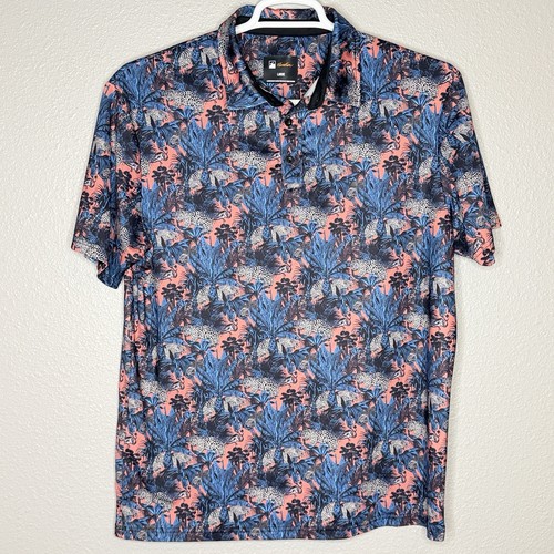 Flomotion Polo Shirt Large Tropical Jungle Print Stretch Golf Casual Blue Pink