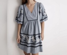 Madewell Chambray Cotton Floral Embroidered Coastal Cowgirl Pocket Mini Dress 6
