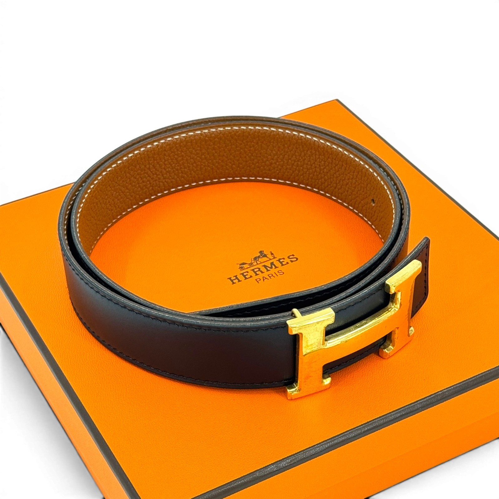 Auth HERMES Constance H Buckle Belt Reversible Leather Black Gold Size 80 JZ503