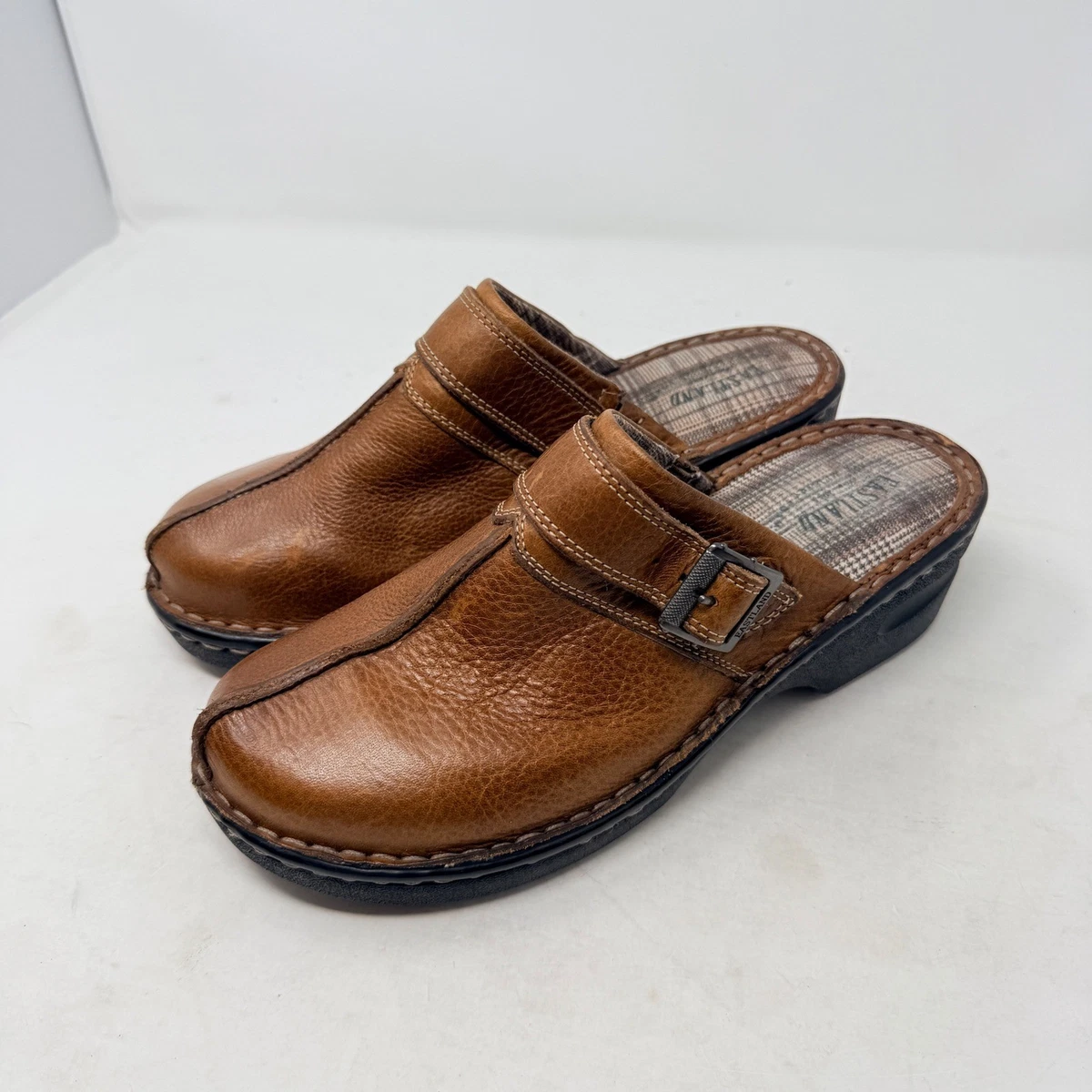 Eastland Vintage Shoes‎ Womens 8M Casual Slip On Mule Clogs Brown Leather Wedge Eastland Tan Suede Womens Clog 8M Slip On Mule Aztec  main image 2