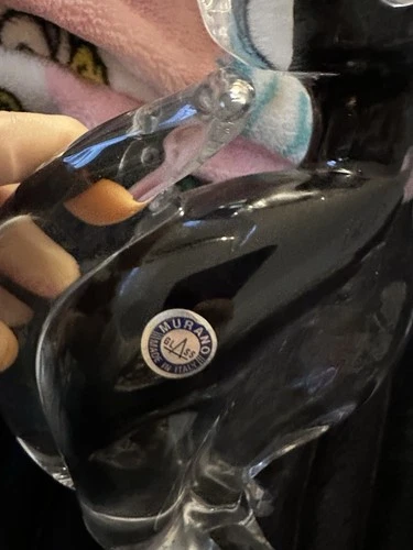 Murano Glass Cat Figurine Signed On Bottom  Label Murano Made In Italy Estate