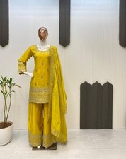 Indian Style Chinnon Silk Yellow Palazzo Suit With Dupatta For Wedding Wear