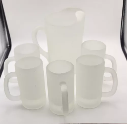 6 pc Set Tiara Indiana Glass Pitcher & 5 Tankard Mugs Frosted Satin