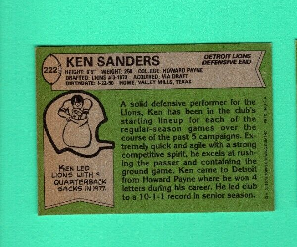 1978 Topps Football No. 222 Ken Sanders, Detroit Lions, In Excellent eBay
