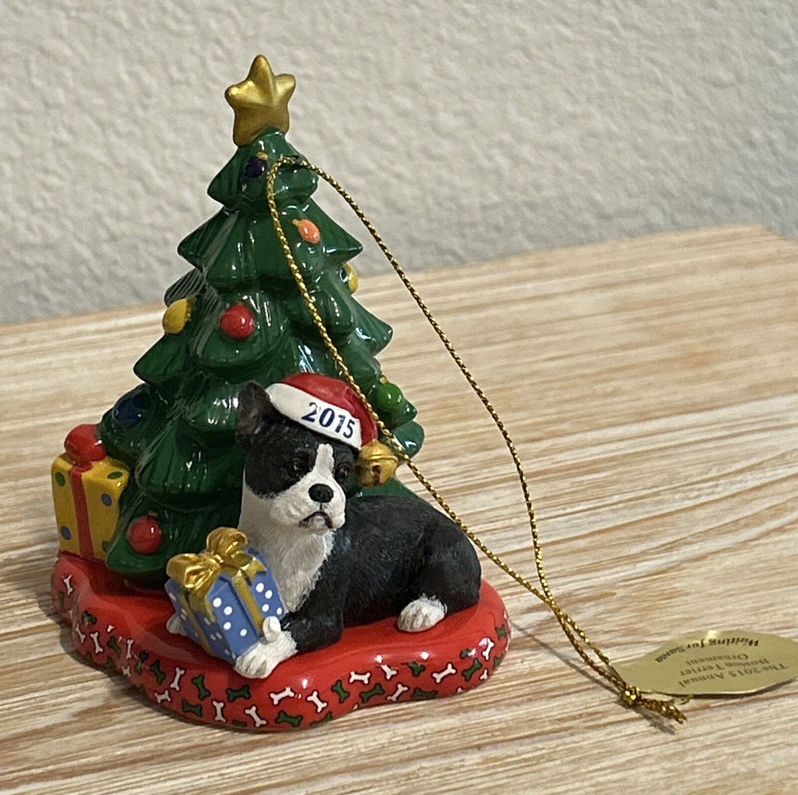 Danbury Mint Christmas Tree Ornament 2015 Boston Terrier, Waiting For Santa New