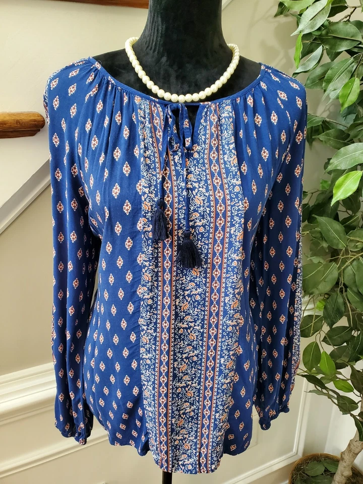 Blusa informal de manga larga con cuello redondo 100 % rayón azul Faded Glory talla L Foto 2 de 4