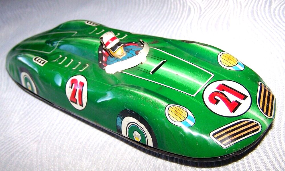 Vintage 1960s Lithographed Green Tin Friction Race Car #21 Ichimura Japan