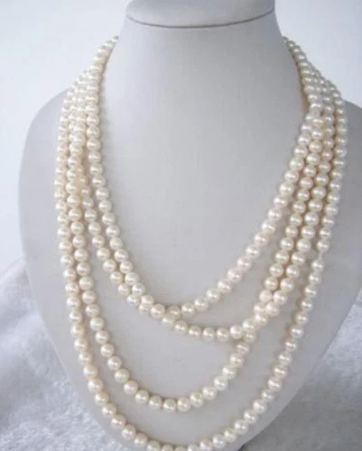 Long AAA 100 "7-8mm AKOYA White Fresh Water True Culture Pearl Necklace - Picture 3 of 4