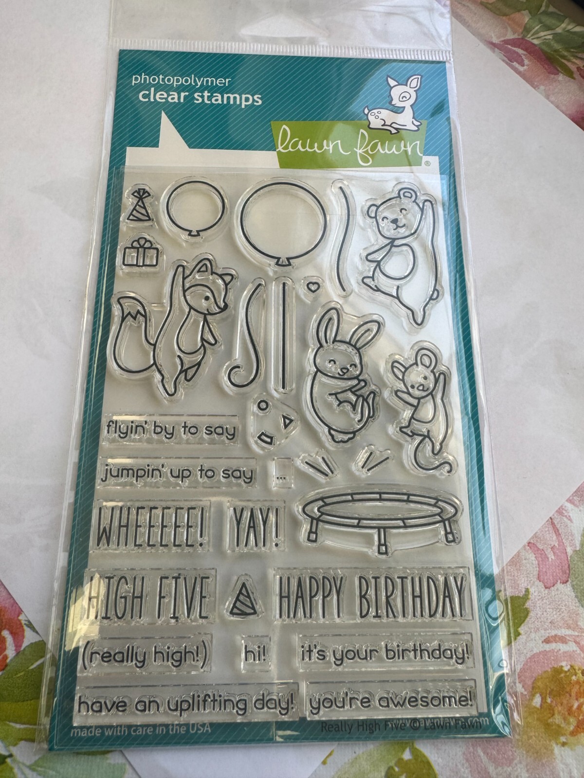 Lawn Fawn clear stamps with fox, rabbit, and text “FLYNN BY TO SAY WHEEE! HIGH FIVE YOU’RE AWESOME!”
