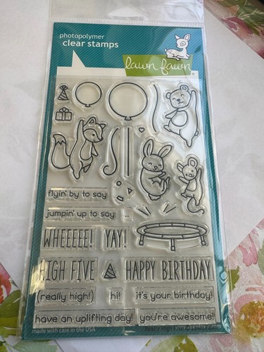 Lawn Fawn clear stamps with fox, rabbit, and text “FLYNN BY TO SAY WHEEE! HIGH FIVE YOU’RE AWESOME!”