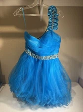Vtg May Queen Couture USA Blue Diamond Beaded One Shoulder Prom Party Dress S.