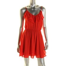AQUA ~ Red Chiffon Blouson Ruffle Popover Flare Party Dress M NEW $98