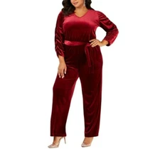 NY Collection Womens Plus Sz 3XP Burgundy Velvet 3/4 Sleeve Belted Jumpsuit NEW