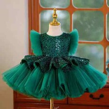 Elegant Green Girl Dress Puffy Sleeve Kids Princess Birthday Party Children Gown