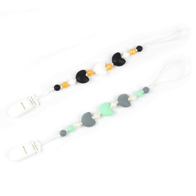 Nummy Beads Mint & Black/Gold Hearts Silicone Teething Pacifier Clip Leash 2pk