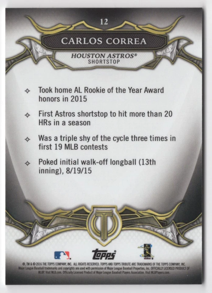 2016 Topps tribute Carlos Correa Houston Astros #12 - Image 2 of 2
