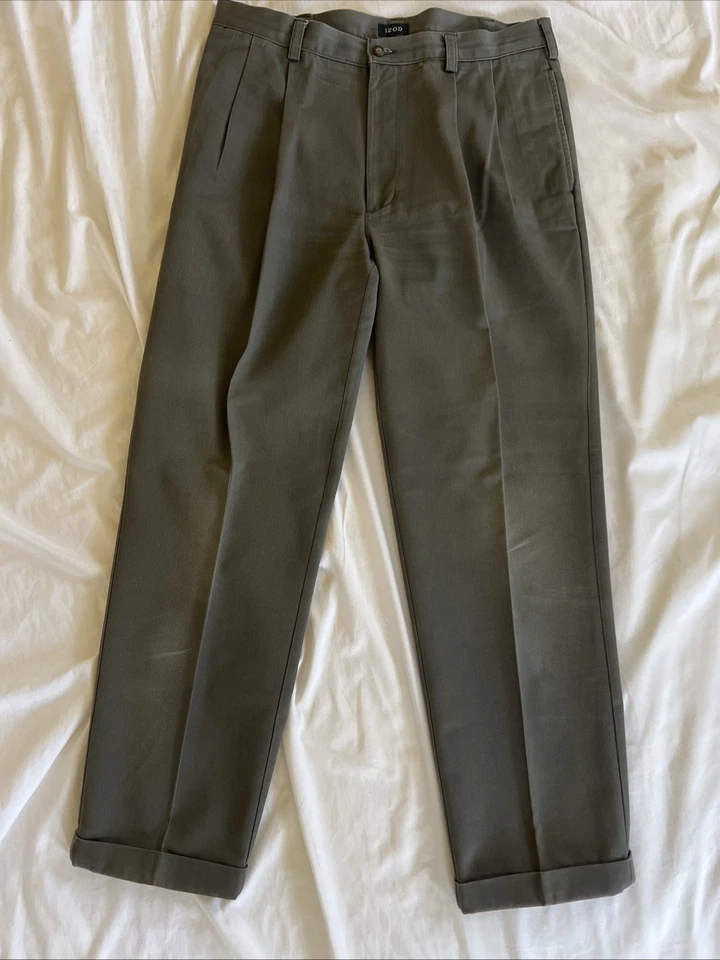 Pantalones chinos de algodón plisados dobles vintage descoloridos Izod 34x31 clásicos Foto 2 de 4