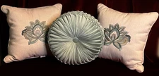 J.Queen New York Green Off White Embroidered Ruched Throw Pillows NWOTS!