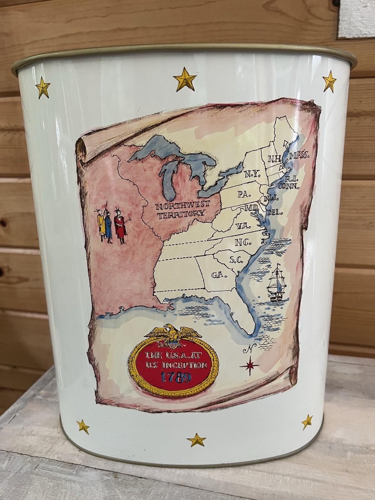 1970s Embossed JL Clark Trash Can Metal American Flag Patriotic Independence Day