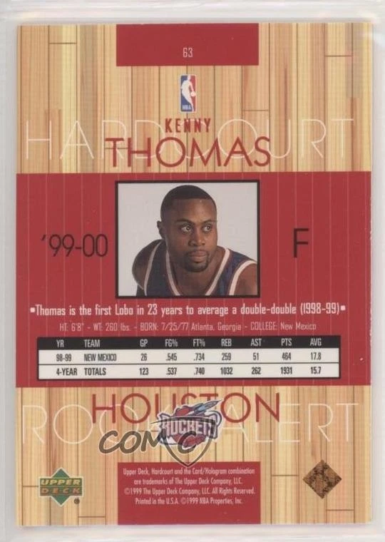 1999-00 Upper Deck Hardcourt Rookie Alert Kenny Thomas #63 Rookie RC - Image 2 of 2