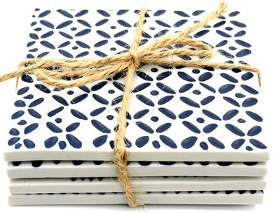 Handmade Ceramic Tile Coaster Set of 4 for Drink Porcelain Gift with Tie Rope 4''