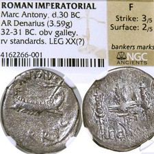 Denario Legionario Mark Antonio. LEG XX. Praetorian Galley moneda tiempo de Cleopatra