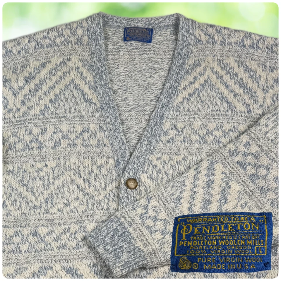 Vintage PENDLETON Cardigan Sweater Mens Medium Blue Cream Wool USA 70s Dad - Image 2 of 4