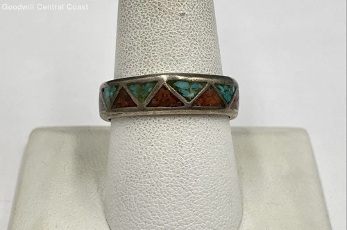 925 Silver Vintage South Western Style Ring W/Coral & Turquoise Accents