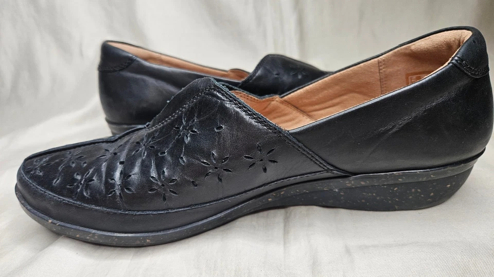 Zapatos de cuña Clarks sin cordones para mujer talla 11 anchos de cuero negro punta redonda cómodos Foto 4 de 4