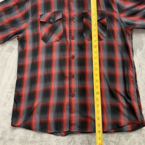 DIXXON CORAZON Shirt Men L Red Black Plaid Short Sleeve Bamboo Blend Button Down - Picture 2 of 7