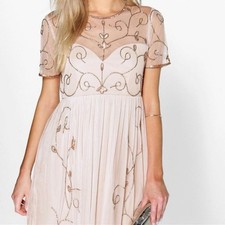 Boohoo Boutique Ela Embroidered Skater Dress Nude UK 14 LN066 AA 04
