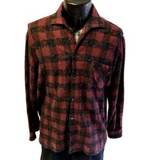 Vtg 40 50's Sherpa France Black Red SHADOW PLAID Rockabilly ATOMIC Wool Shirt XL