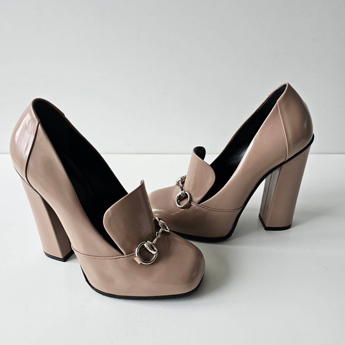 Gucci Beige Patent Horsebit Logo Block Heel Pumps 36 like Marmont