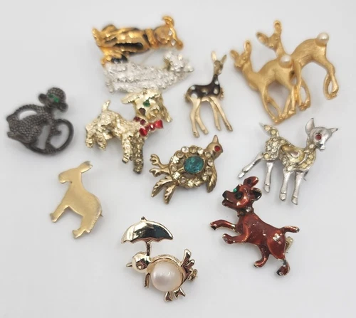 Vintage Costume Jewelry Brooch Lot Small Animals Rhinestone Enamel Figural