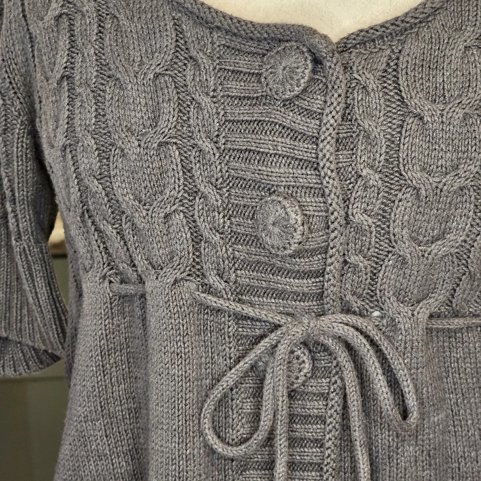 Y2K Womens Medium Babydoll Cableknit Cardigan Sweater Gray Tied 3/4 Sleeve - Image 2 of 4