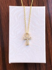 925 Sterling Silver Ankh Cross Pendant Necklace CZ Gold Plated Women 14mm Tiny