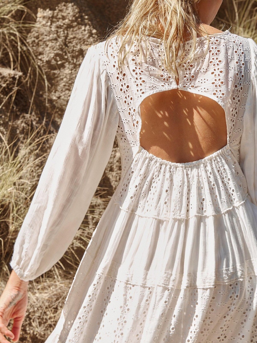 NEW FREE PEOPLE Sz S MOCKINGBIRD EYELET TIERED MAXI DRESS IN IVORY | eBay