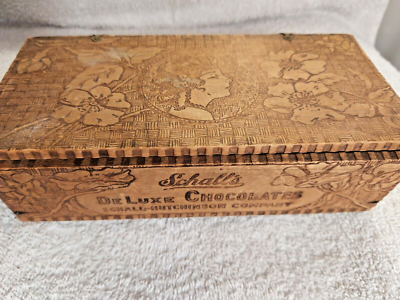Antique 1910's Schall's Chocolates Ornate Wood / Candy Box Vtg